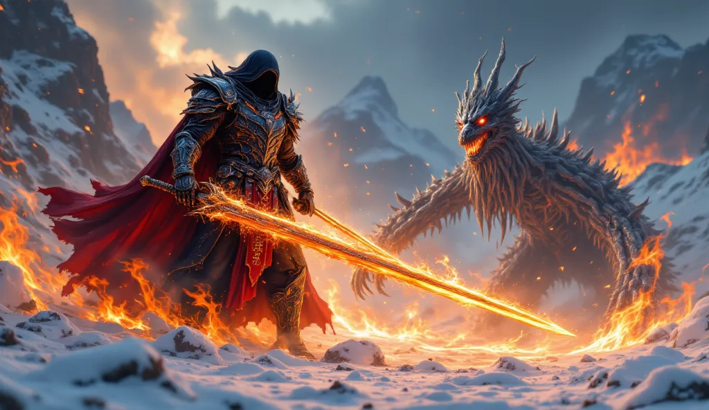 "A massive and powerful male fire mage of the Flame Priests, standing on a snow-covered battlefield. He wears black and red armor adorned with glowing orange runes, and his eyes burn with fiery energy. In his hands, he holds a massive plasma sword that cra...