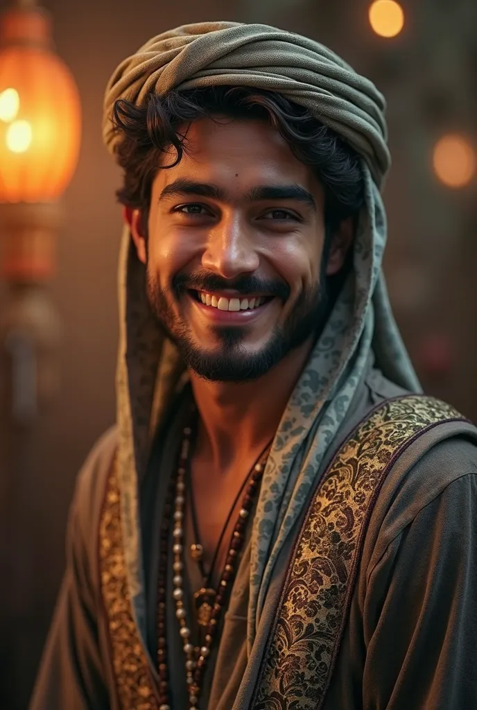 I want Ai generated image cinematic style.  A young muslim men wearing traditional dress smiling face.