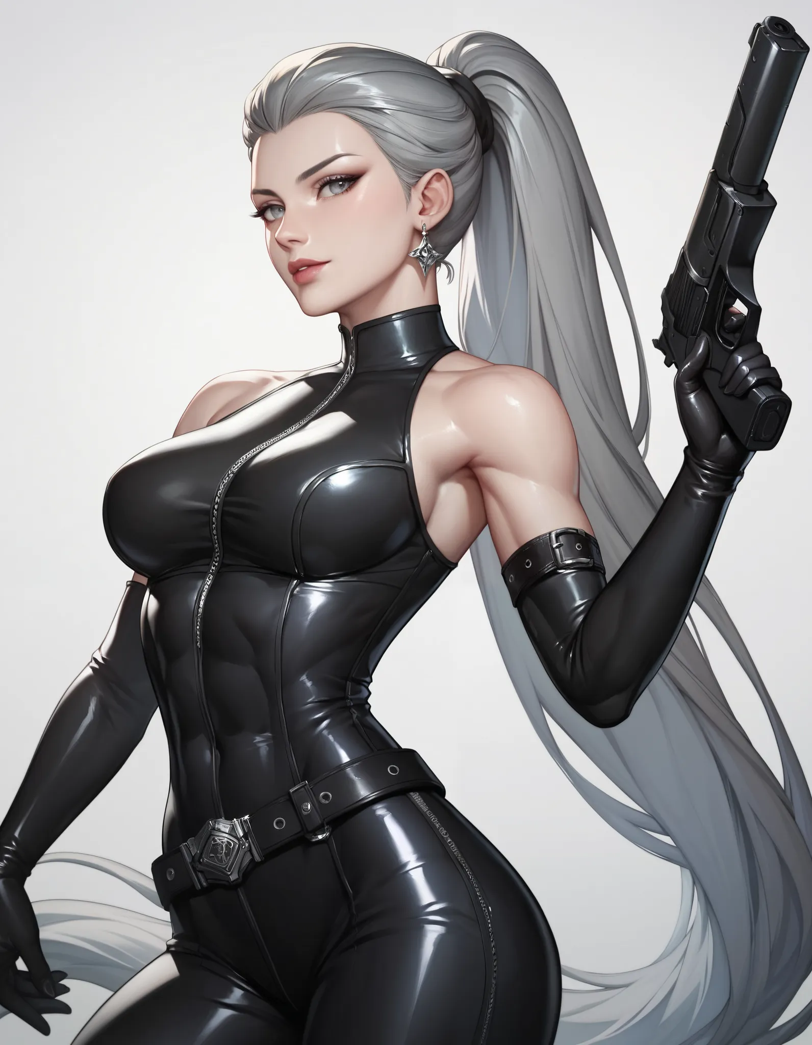 female black sleeveless latex bodysuit, black long tight pants, black belt, racerback, bare shoulders, long elbow gloves, black gloves, toned arms, beautiful faces, grey ponytail with showing forehead, long ponytail, earrings, soft smooth skin, pale skin, ...