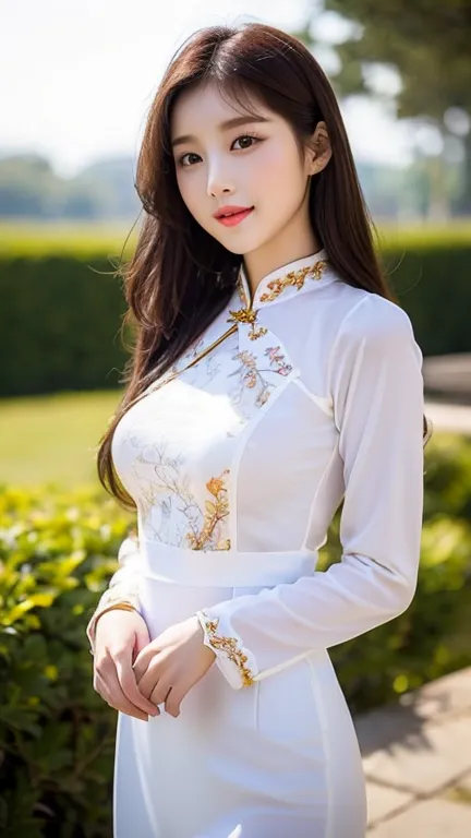 a lady, wear "ao dai", H cup, Korean,Very beautiful and cute,whole body,sexy, HD