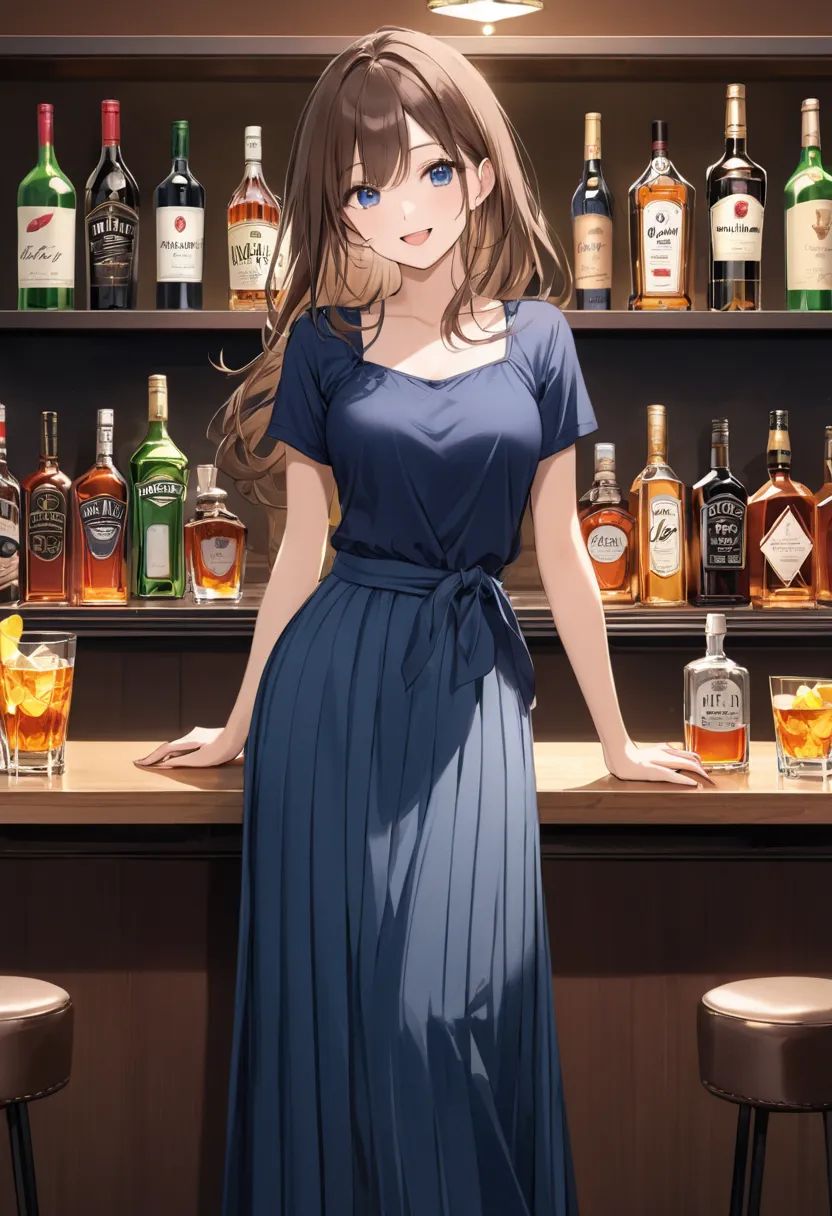 masterpiece, Top Quality, 40 year old woman 1,  slim, hand between legs, solo, SMALLE BREASTS, dark blue eyes, brown hair, bungs, long hair caught in a hole, from the front,、Short sleeve,   casual, bolero cami one-piece dress, (Long skirt:1.3)、Stylish bar、...