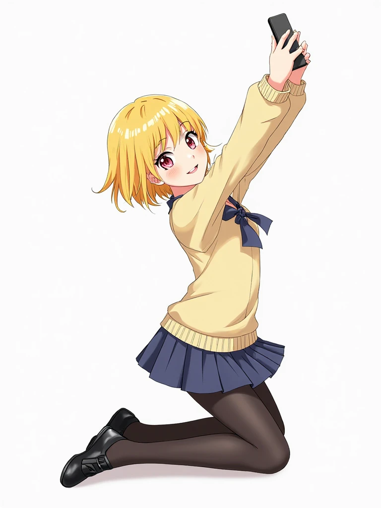 (Design sheet), text, 
(school uniform, long sleeves), cute, Cheerful, parted lips, blonde hair, 
holding one phone, selfie, 
kneeling, from side, tights,