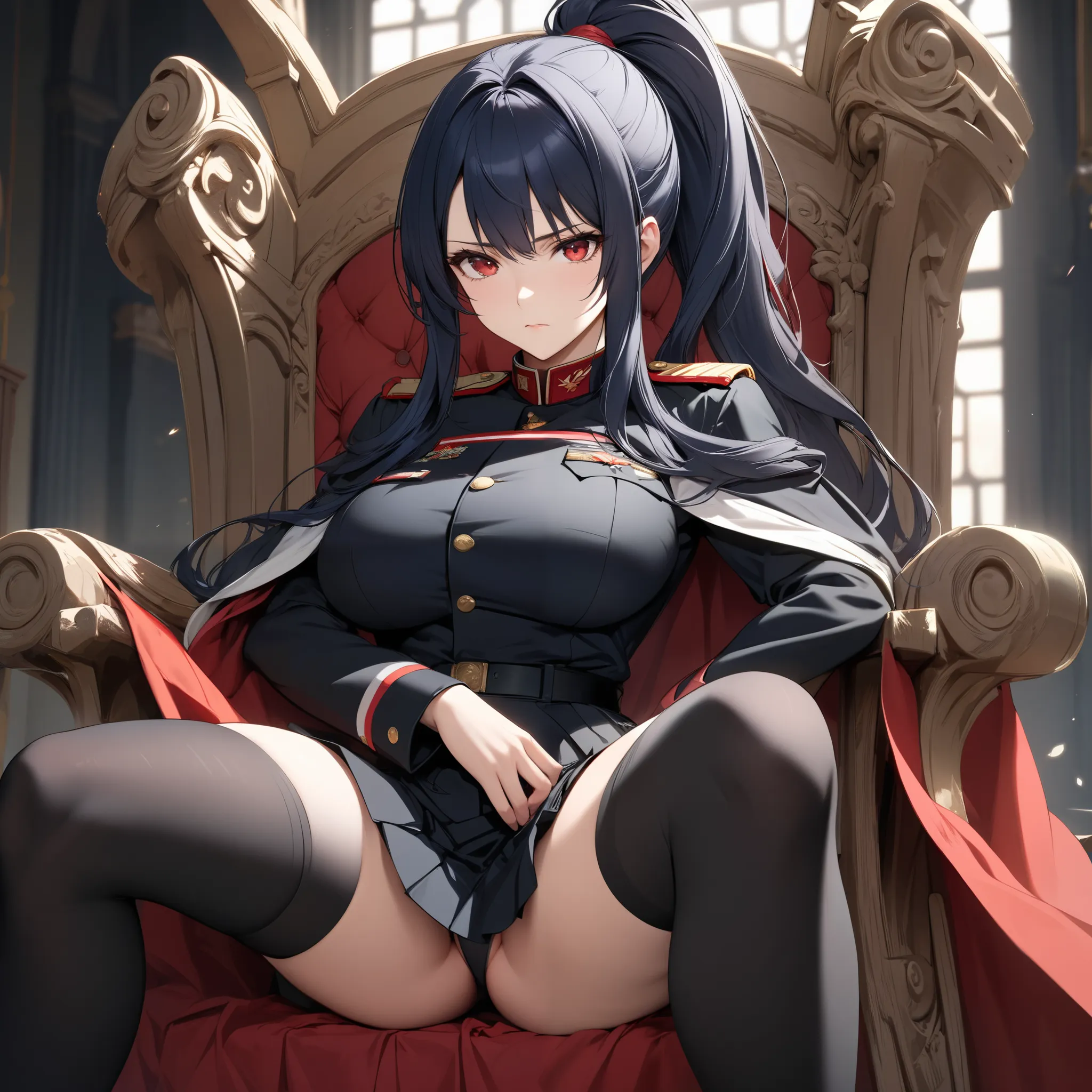 High resolution, high quality, HD, beautiful female, 1 female, beautiful, ager, beautiful girl, mature, young, serious, dark blue hair, long hair, ponytail, red eyes, big breasts, black military uniform with cape and skirt, knee high socks, spread legs, M ...