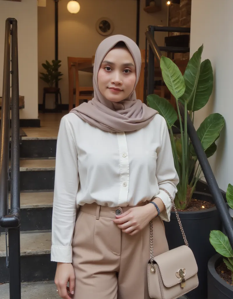 An elegant Indonesian woman in her early 30s, with a **refined and graceful presence**, standing on a staircase in a modern café setting. She has a **soft and natural beauty**, enhanced by **simple yet elegant makeup**, giving her a warm and sophisticated ...