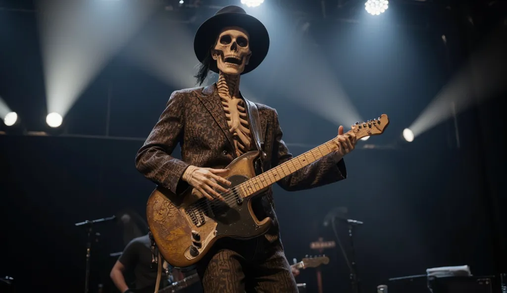 Skeleton character wearing a smoker hat on stage performing a guitar