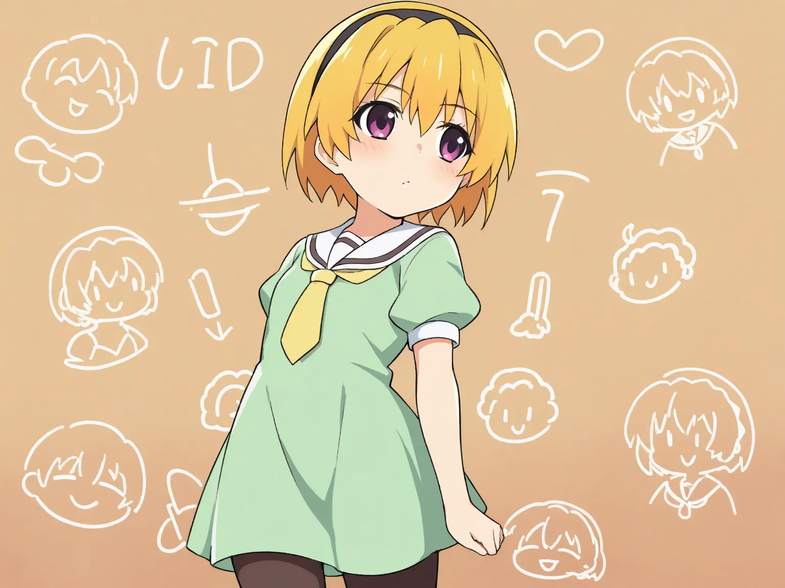 score_9,  score_8_up    , score_7_up   
 BREAK 
source_anime,  blackboard , chalk art, Cute doodle,  's doodle style,  simple line drawing,  soft lighting , A warm atmosphere
BREAK 
1 girl, alone, satokoIllustrious, short hair, bangs, blonde hair, hair bet...