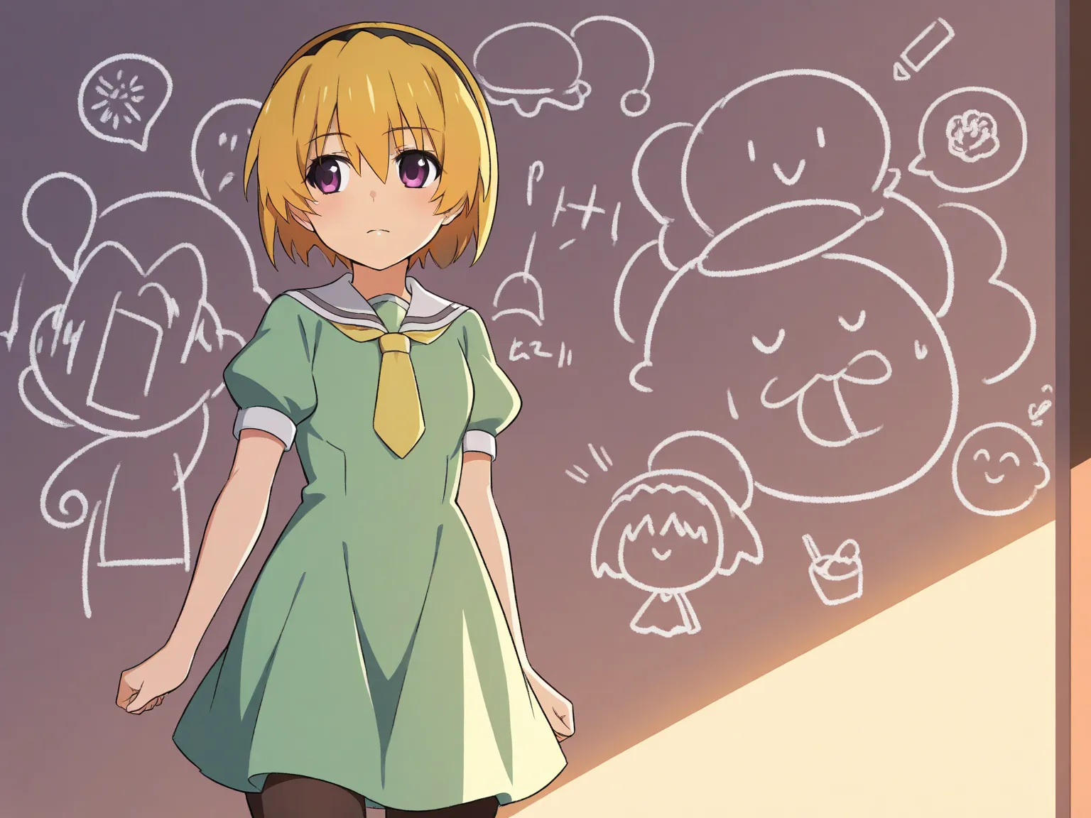 score_9,  score_8_up    , score_7_up   
 BREAK 
source_anime,  blackboard , chalk art, Cute doodle,  's doodle style,  simple line drawing,  soft lighting , A warm atmosphere
BREAK 
1 girl, alone, satokoIllustrious, short hair, bangs, blonde hair, hair bet...