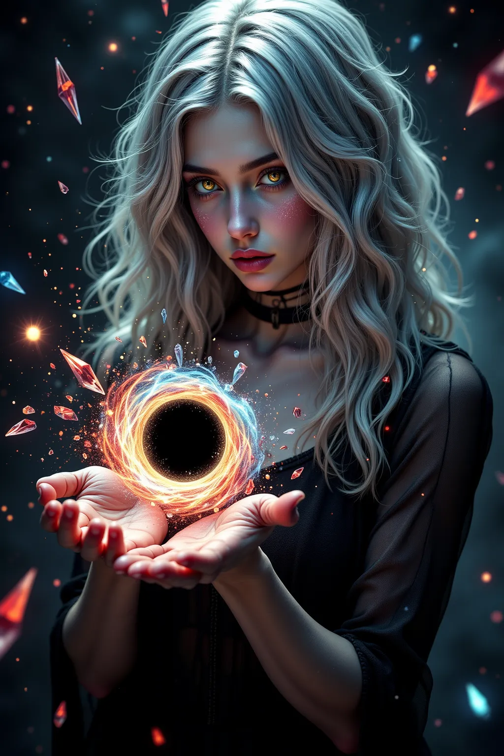 A beautiful silver-haired girl with golden eyes, wearing a black sheer dress, standing in a cosmic void, gazing at a black hole floating in her palm. Swirling gravitational energy surrounds the singularity, red and blue crystal shards explode outward, refl...