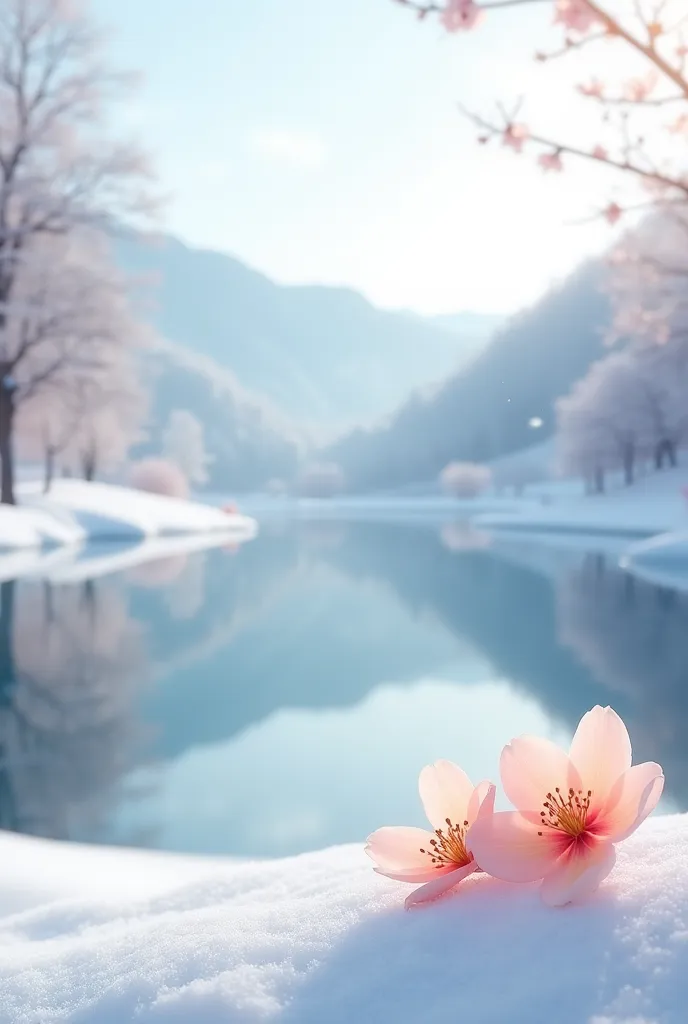 Peach  flowers beside the lake  in snow