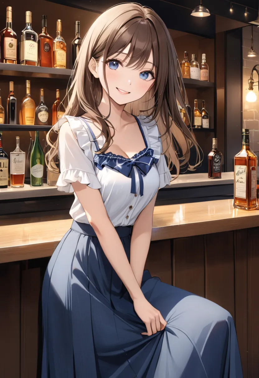 masterpiece, Top Quality, 40 year old woman 1,  slim, hand between legs, solo, SMALLE BREASTS, dark blue eyes, brown hair, bungs, long hair caught in a hole, from the front,、Short sleeve,   casual、bow front ruffle cami dress , (Long skirt:1.3)、Stylish bar、...