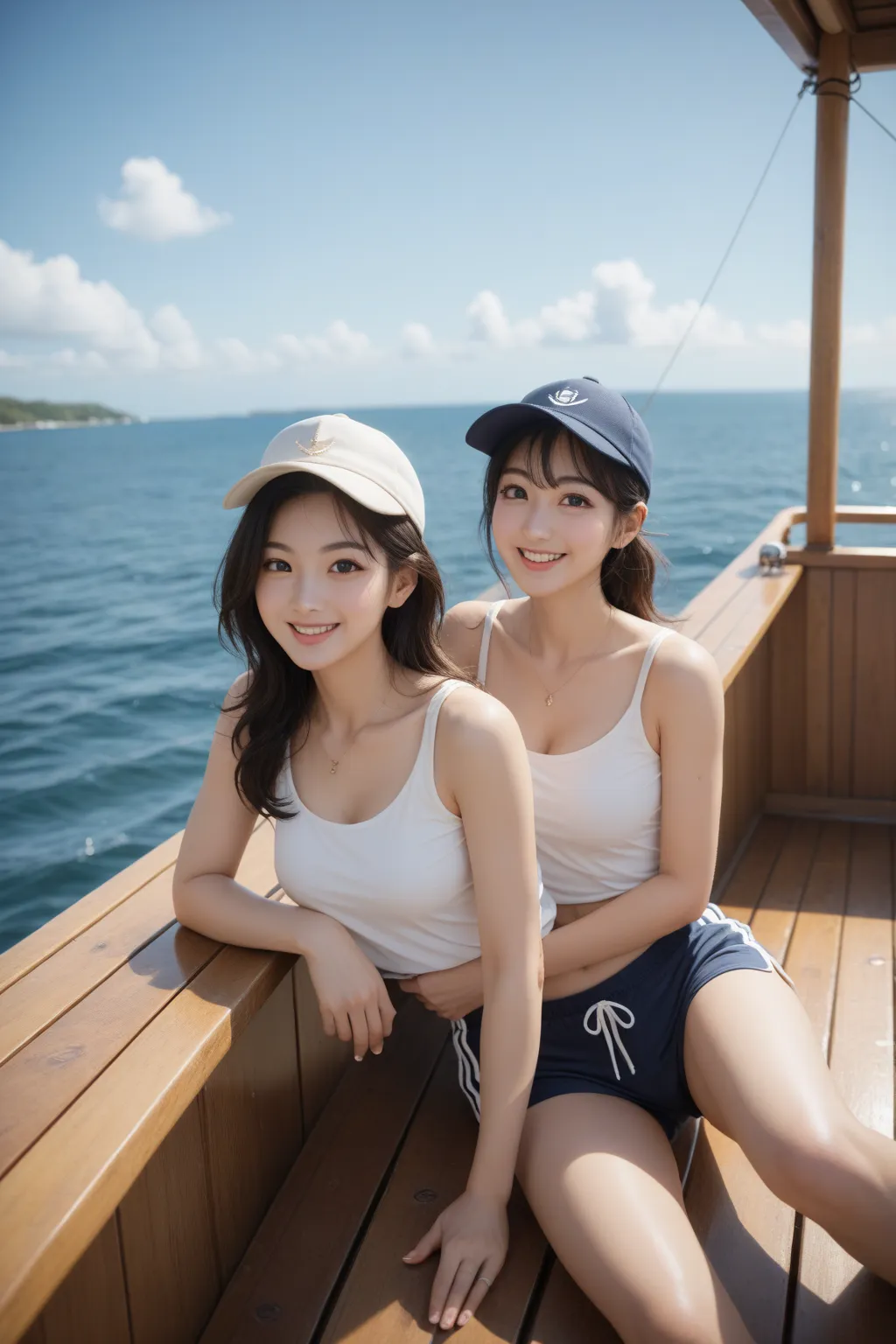 A beautiful young Thai woman taking a cheerful selfie on a wooden boat during a sunny day at sea. She has long, dark hair flowing slightly in the breeze and a radiant smile. She wears a stylish black lace long sleeved tank top, sporty fitted short, reflect...