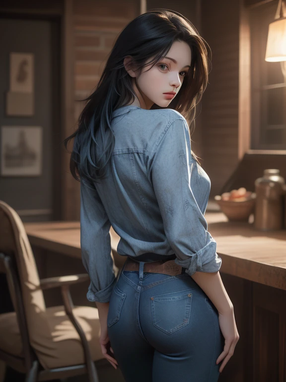 (Best Quality, 4k, High resolution, masterpiece:1.2), ultra detailed, (realist, photorealist, photo-realist:1.37), Beautiful woman with perfect style, Jeans, Cowboys, big chest and narrow waist, thin legs, back view, Denim, denim pattern, Light blue, Soft ...