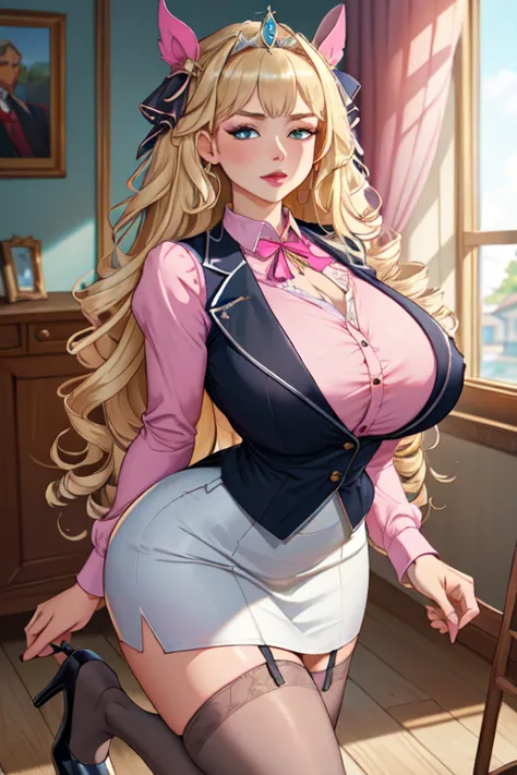 (masterpiece, best quality, absurdres, 4k, aesthetic, detailed, intricate),1girl,nikkecrwn,tiara, hair ribbon, long blonde drill hair, drill locks,  elegant Victorian-inspired outfit, victoria style, 
 (Pink Shirt, White Thailand, Black tight skirt, Grey v...