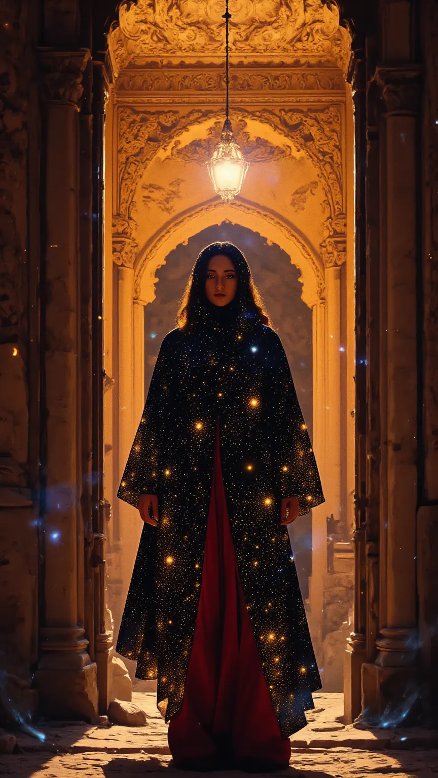 **"Celestial Warda of the Sands"** — A luminous queen of sun-forged grace, draped in an **abaya of black nebula silk**, edged with **constellations spun from Hijazi gold**. **Eyes aflame with molten amber**, pupils spiraling sacred *Surah An-Nur* script, l...