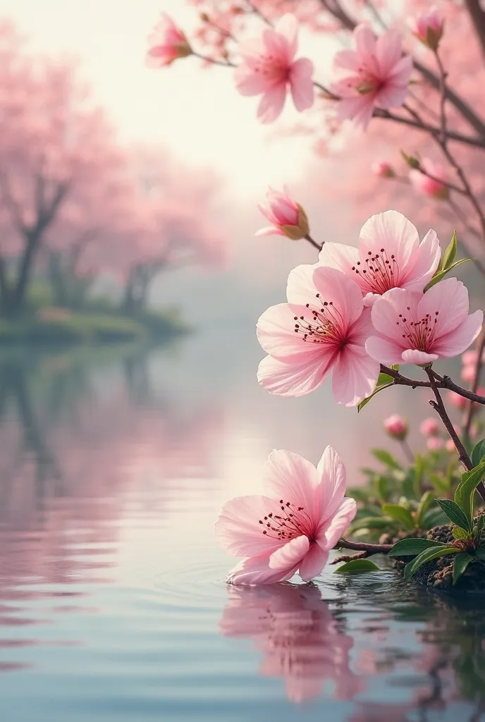 Peach  flowers beside the lake  