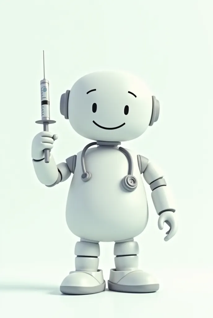 Cartoon Simple Line Robot Smile Neck Hanging Stethoscope Left Hand Holding Syringe