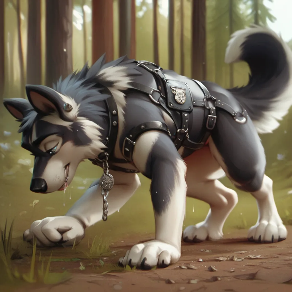 adult, human anthropomorphic wolf wears a dark  leather harness and a chain collar with badge, sniffing in the forest for clues, walking on all fours 