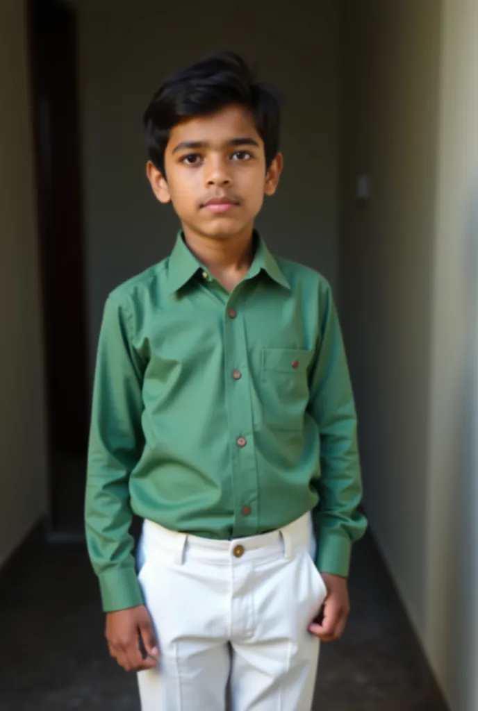 India  boy wearing green shirt and white pants formal 