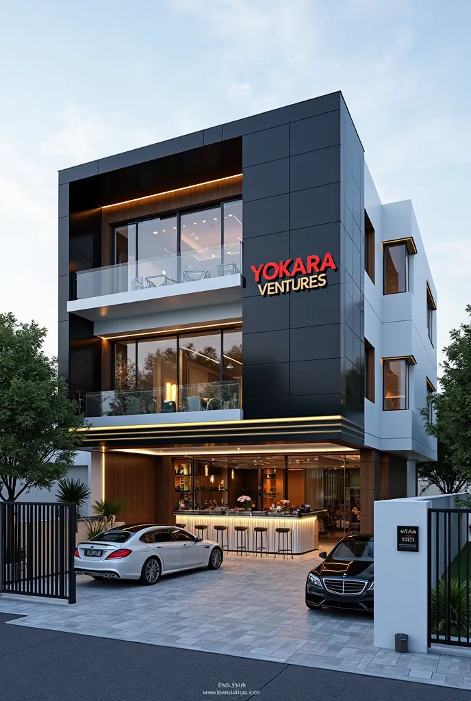 Design a modern three storey hotel building with a black glass-paneled upper floor and a white lower floor which consist of a Bar and a swimming pool in the Middle of the bar. The building should have gold decorative accents along the edges. Include a gate...