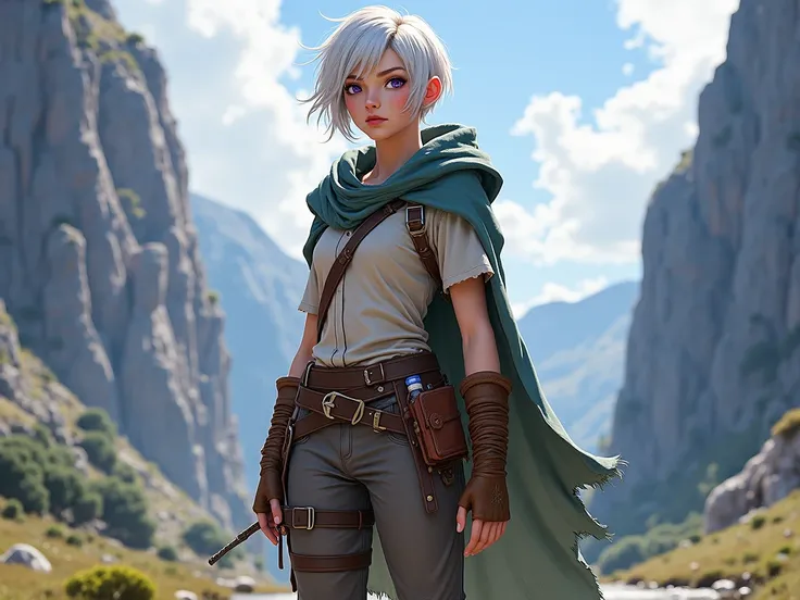 reate a full-body image of Naya Arden, a 20-year-old traveler and spellcaster, standing confidently. She has short, tousled white hair with a silverish sheen and striking violet eyes that shimmer with different hues, reflecting her magical power and inner ...