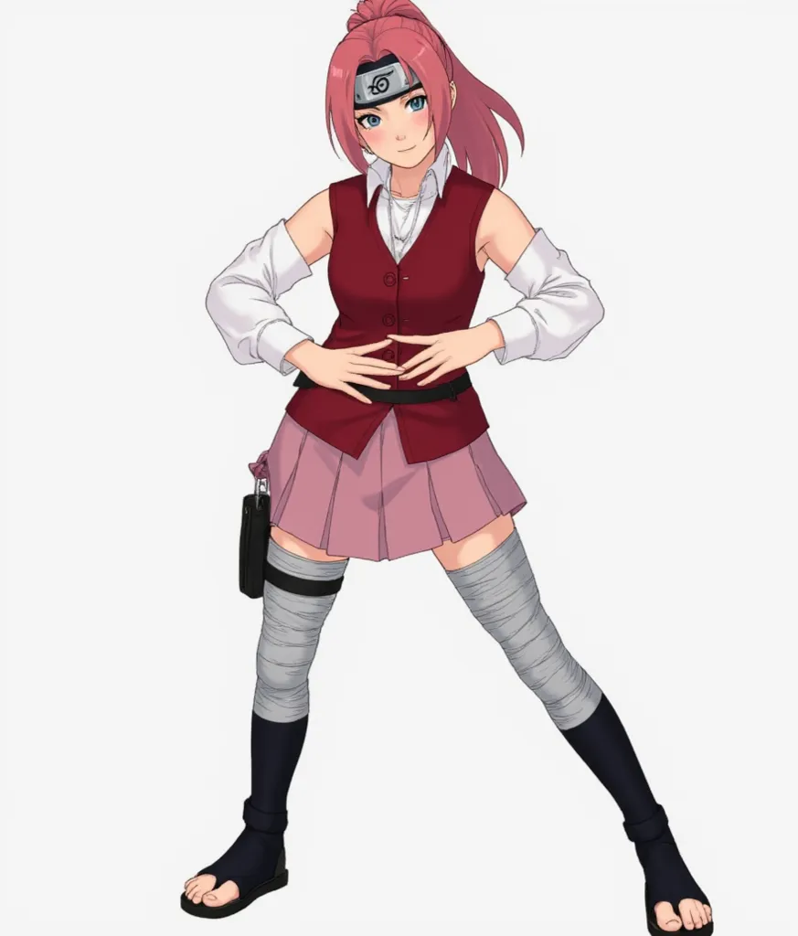 photorealistic woman wearing her red or pink hair and distinctive ninja attire. Here are some key details about her appearance in the image:

1. **Hair and Headband**: has long, pink hair tied in a ponytail. She is wearing a headband with a leaf symbol on ...