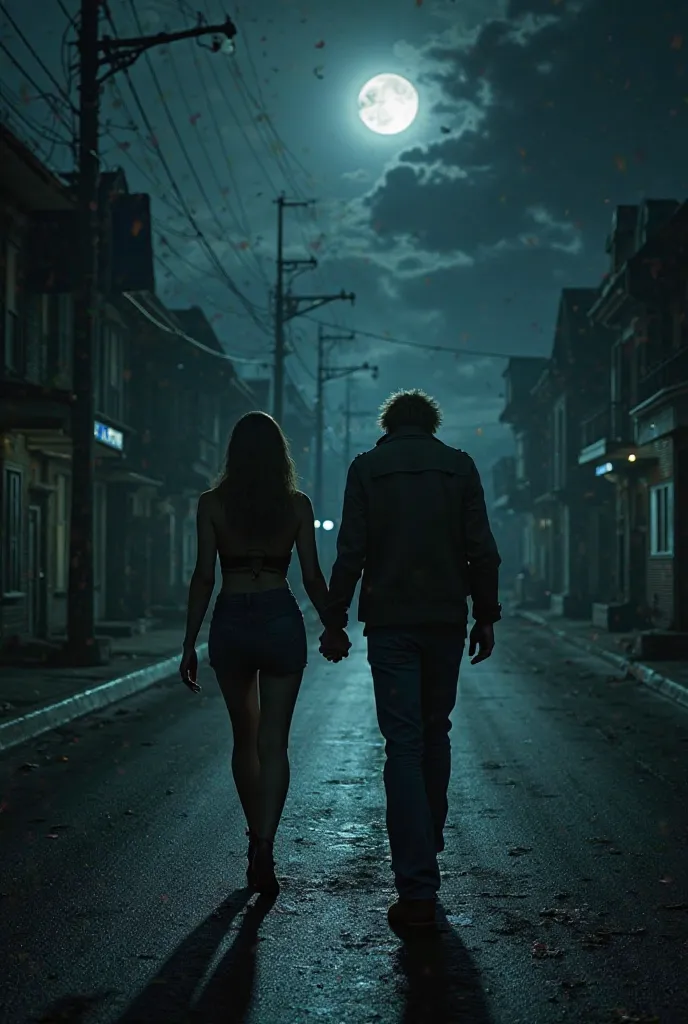 1 ️ ⇒ A couple of men with a,80 tall, moreno, Muscular, lion hair from the game Resident Evil, And a beautiful blonde woman, walk hand in hand through a dark and deserted street during the night. The lights on the poles flash weakly, and the silence of the...