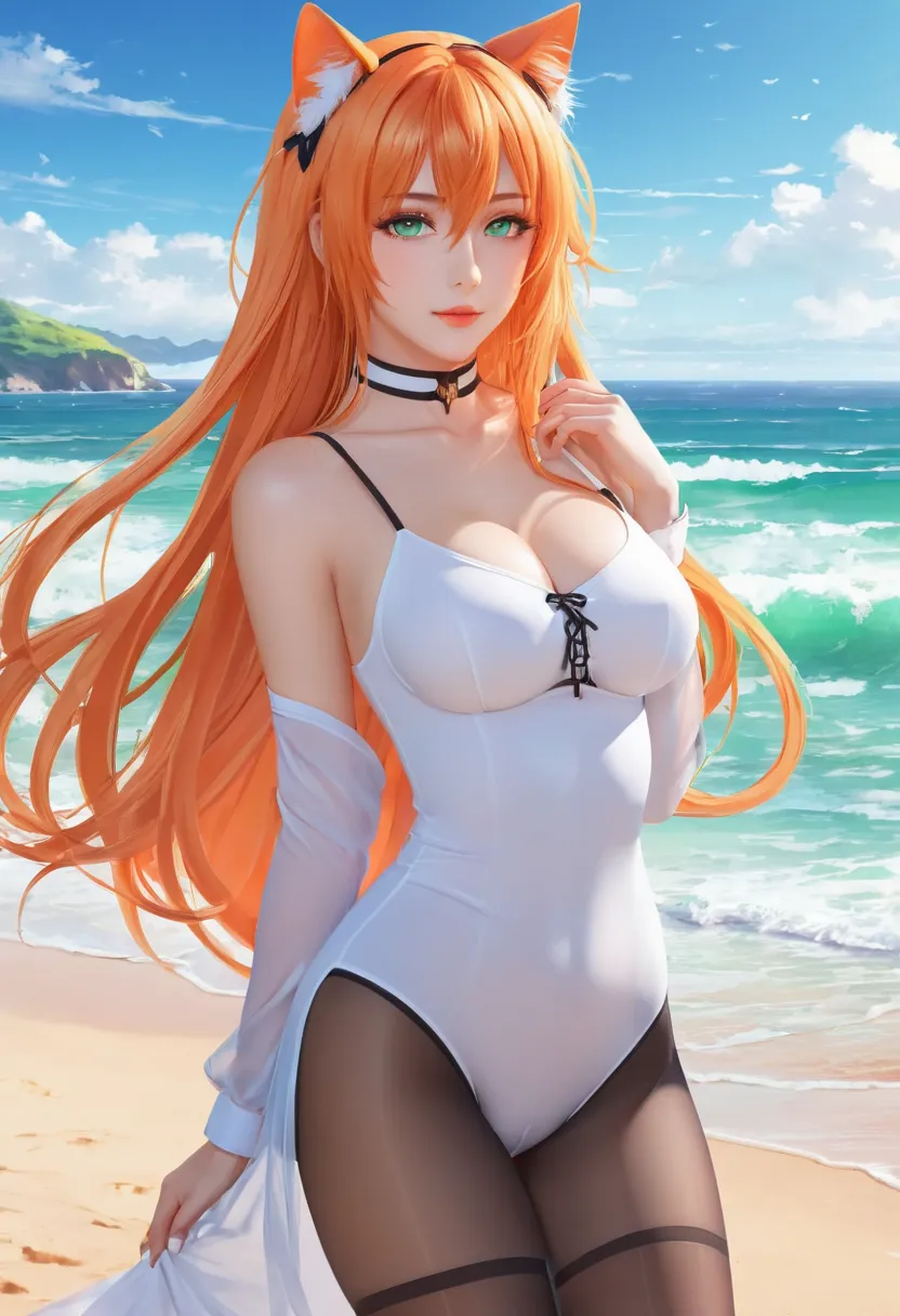 anime girl with long orange hair standing on beach near ocean, green eyes detailed digital anime art, cat ears, , anime girl with long hair, smooth anime cg art, anime girl with long hair, average breast size, digital anime art, artwork in the style of guw...