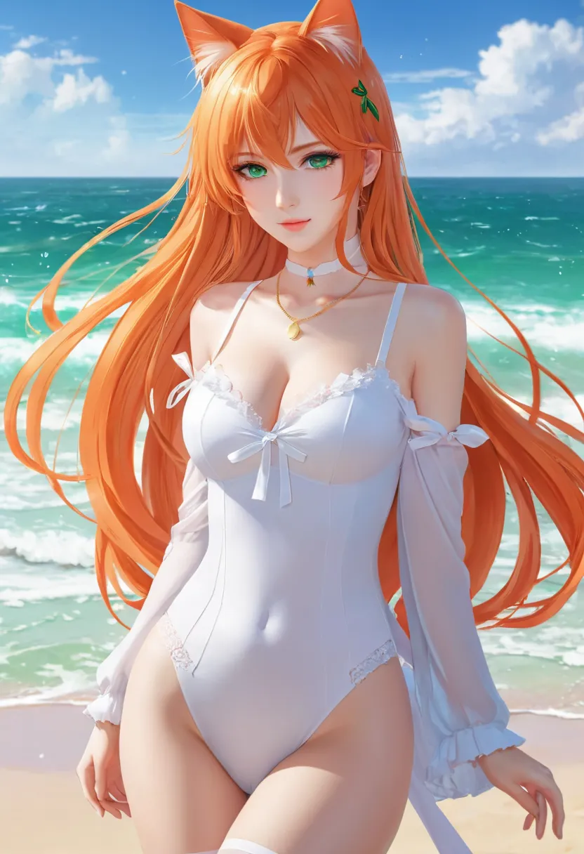 anime girl with long orange hair standing on beach near ocean, green eyes detailed digital anime art, cat ears, , anime girl with long hair, smooth anime cg art, anime girl with long hair, average breast size, digital anime art, artwork in the style of guw...