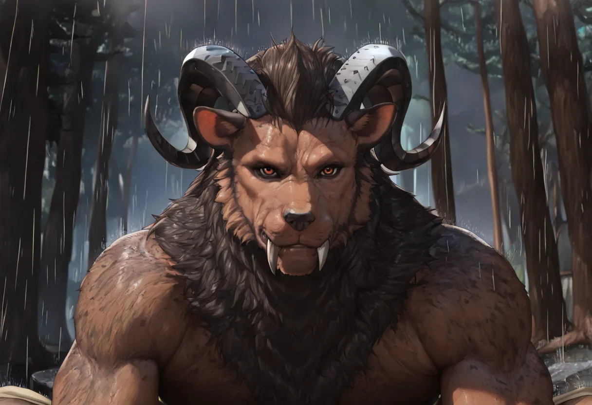 bare torso, muscular, stocky, beautiful body, hairy body, brown fur, dark art, rain, leonhart sits on a stump in a forest clearing, forest, clearing, the body is covered with brown fur, brown thick fur, traditional leonhart, patriarchal leonhart, bearded l...