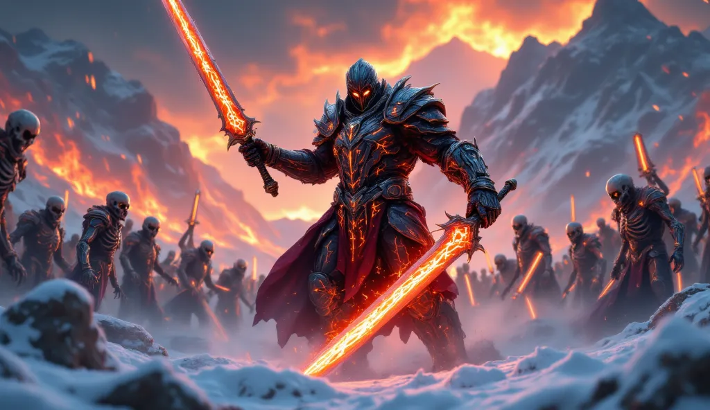 "A massive and powerful male warrior of the Flame Priests, standing on a snow-covered battlefield. He wears black and red armor adorned with glowing orange runes, and his eyes burn with fiery energy. In his hands, he holds a massive plasma sword that crack...