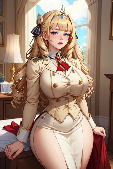 (masterpiece, best quality, absurdres, 4k, aesthetic, detailed, intricate),1girl,nikkecrwn,tiara, hair ribbon, long blonde drill hair, drill locks,  elegant Victorian-inspired outfit, victoria style, 
white and beige uniform with red accents, gold buttons,...