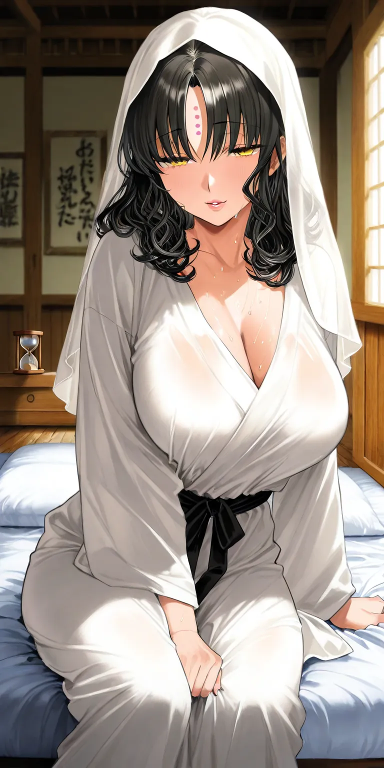 Kiara Sessyoin、Fate、FGO、 masterpiece、 2000s 、medium hair 、Dark Hair, medium hair、split your bangs in the middle、has her hair in a veil、slender、hourglass figure、Golden Eyes、Black Buddhist nun、white veil、 holding a pillow hard and enduring pleasure、Slightly ...