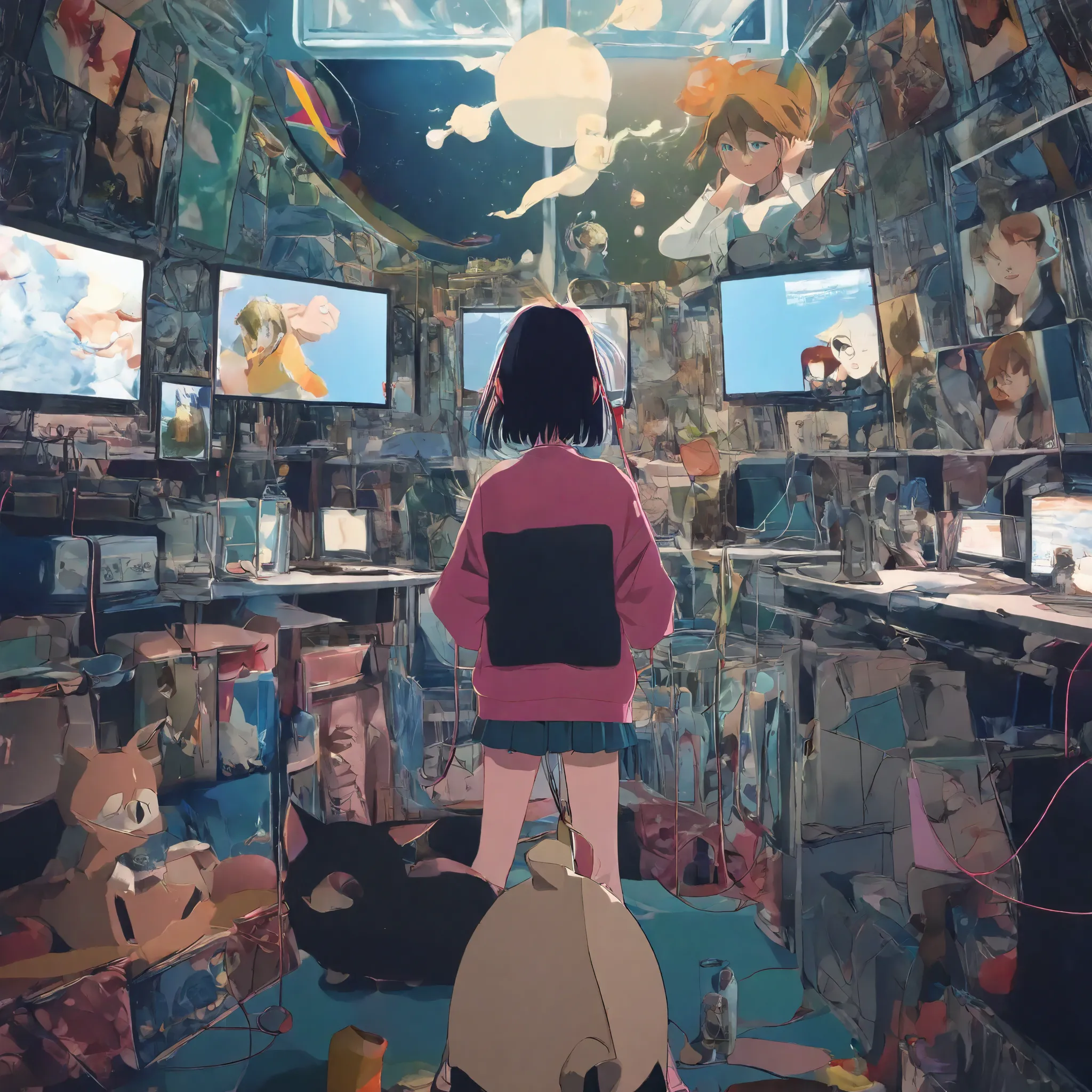 (from behind), 居心地の良い部屋でコンピューターの前に座っているアニメのgirls,  girls ,  wearing earphones ,  vivid color with thick line drawing, (beautiful 夜 views from windows), A lot of things,  2D anime style , 90s anime aesthetic,  lo-fi, Extremely Detailed,  hard disk, A mix of...