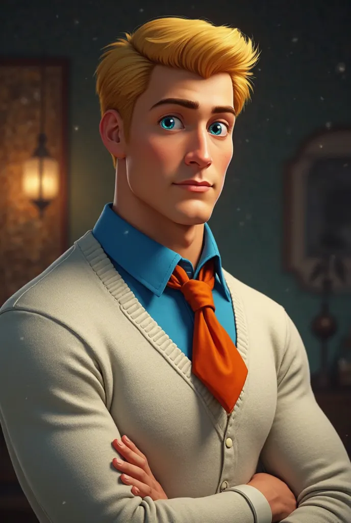 A hyper-realistic, cinematic portrait of Fred Jones from Scooby-Doo, depicted as a real human. A tall, athletic young man with neatly combed blond hair, blue eyes, and a strong jawline. He wears a white sweater over a blue collared shirt, complemented by a...