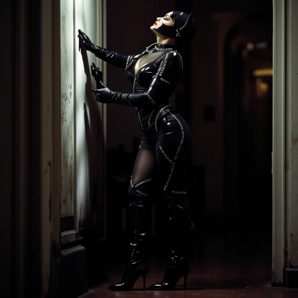  catwoman92michellepfeiffer90s  black skintight latex full bodysuit black corset black choker black gloves black boots  black full facemask eyeslits two small cats ears black chinstrap. red lipstick  black eyeshadow. she is standing with her back to a wall...