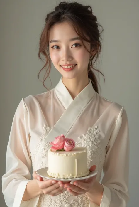 Photo of a 30-year-old girl of beautiful Asian appearance brown hair collected inaccurately in beautiful closed clothes with a small cake in her arms