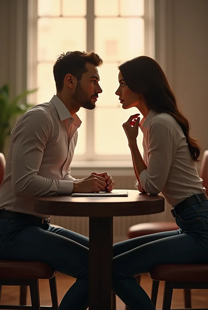 give me a cinematic art style image where two person are having eye contact while talking to each other they are sitting across table, a man and a woman, both wearing Office formal skintight shirt TUCKED in skintight jeans and black belt