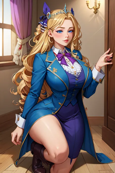 (masterpiece, best quality, absurdres, 4k, aesthetic, detailed, intricate),1girl,nikkecrwn,tiara, hair ribbon, long blonde drill hair, drill locks,  elegant Victorian-inspired outfit, victoria style, 
Historical rococo costume with a blue-violet frock coat...