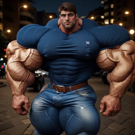 a very handsome man, big eyes, muscular, very muscular, defined chest, arms and biceps, wearing a blue t-shirt with blue pants, standing sideways on a sidewalk at night, seen close up, exaggeratedly muscular, exaggeratedly huge muscles, exaggeratedly huge ...