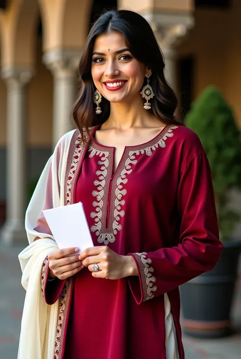 a woman in a red and white outfit holding a piece of paper, wearing a kurta, wearing red attire, maroon and white, wearing beautiful clothes, maya ali, wearing a red outfit, wearing red clothes, maya ali as d&d mage, inspired by Ambreen Butt, traditional b...