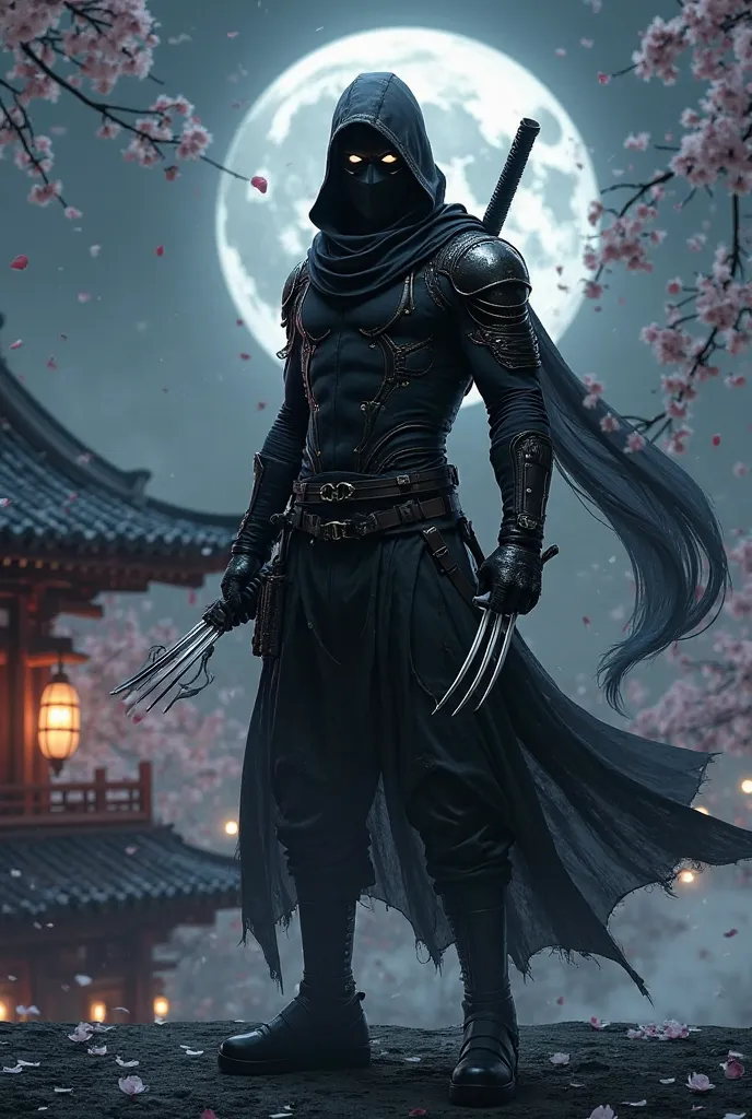 **"A mysterious black-clad ninja standing on a rooftop under the full moon, his silhouette blending with the shadows. His sleek, tactical armor is adorned with subtle silver details, wolverin claws and his piercing eyes glow faintly beneath his mask. He ho...