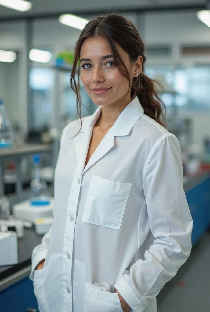 Une personne debout dans un laboratoire de physique chimie porte une blouse blanche boutonnée et un sabot blanc normal de la marque fly flot couver la moitié des pieds pour monter l'habillage de laboratoire 