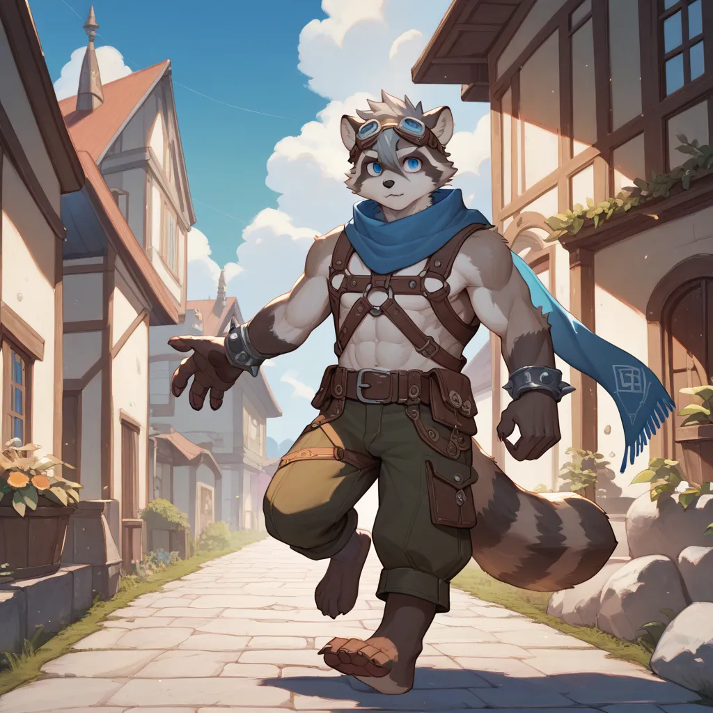 solo, furry, kemono, raccoon, grey body, spiked grey hair, Detailed body fur, long blue scarf, leather_harness, dark brown baggy pants, goggles, masterpiece, gray body, Detailed face, big eyebrows, blue eyes, detailed eyes, No muscles, Detailed hands, Flat...