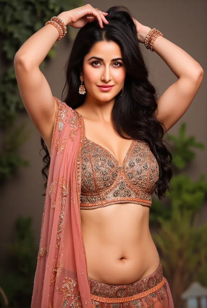 A beautiful slightly thick indian woman who is wearing an traditional indian dress, deep and sexy navel, deep round  navel, no navel piercing, bare midriff, midriif is not covered by any stuffs, curvy hip, match less beauty, hour glass figure, intricate de...