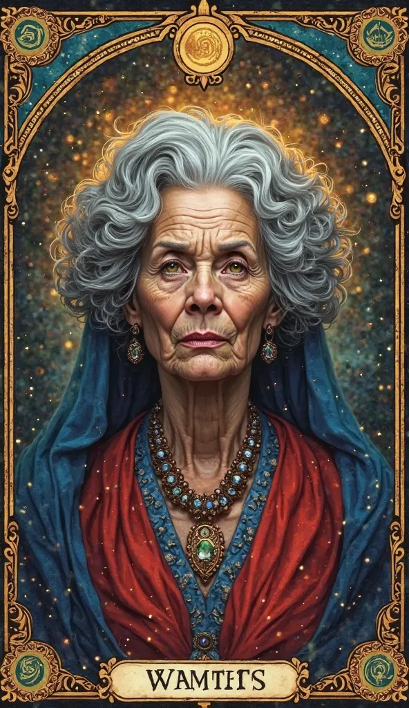 A tarot card HD a Amircan women 80 years old woman with. and jurli and taj.a dress color  red and blue.  