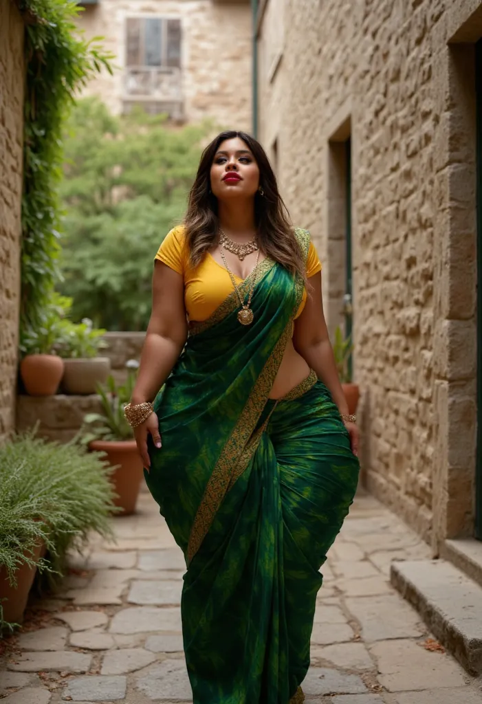 In a serene courtyard, a voluptuous woman wearing a bright yellow blouse and intricate green saree leans softly, her closed eyes and red lips radiating tranquility amidst rustic stone architecture.