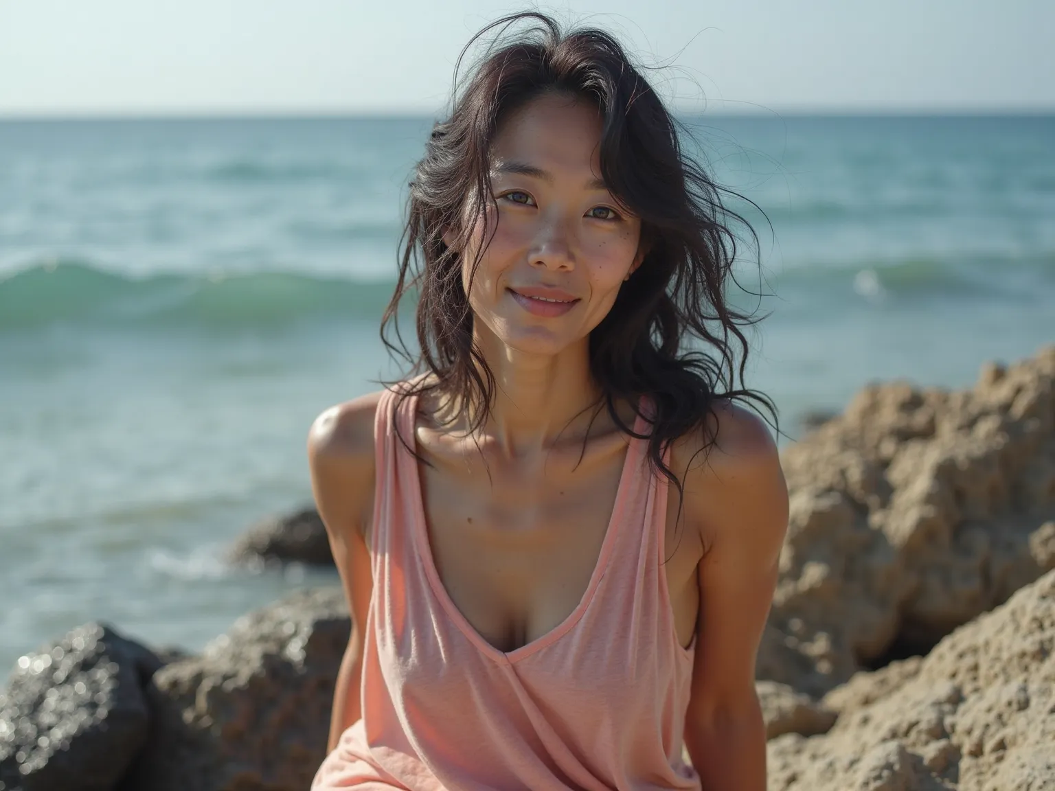 A highly detailed, ultra-realistic photograph of a Japanese woman in her Early 40s with deeply tanned skin, sitting on a rugged rocky shoreline by the sea. Her physique is strong and solid, with thick, muscular yet naturally soft upper arms and powerful, w...