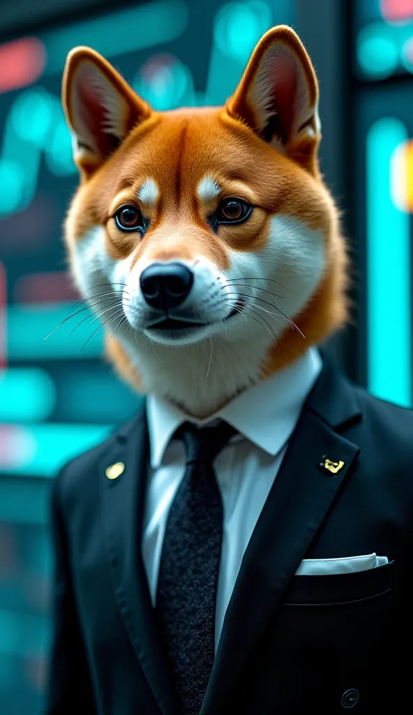 Cyberpunk shiba inu-dog in a suit, medium shot,  close-up,  middle-aged,  serious expression,  wolf-like head with reddish-brown fur,  glowing neural connections, dark suit,  white dress shirt,  black tie,  digital displays with stock charts and crypto sym...