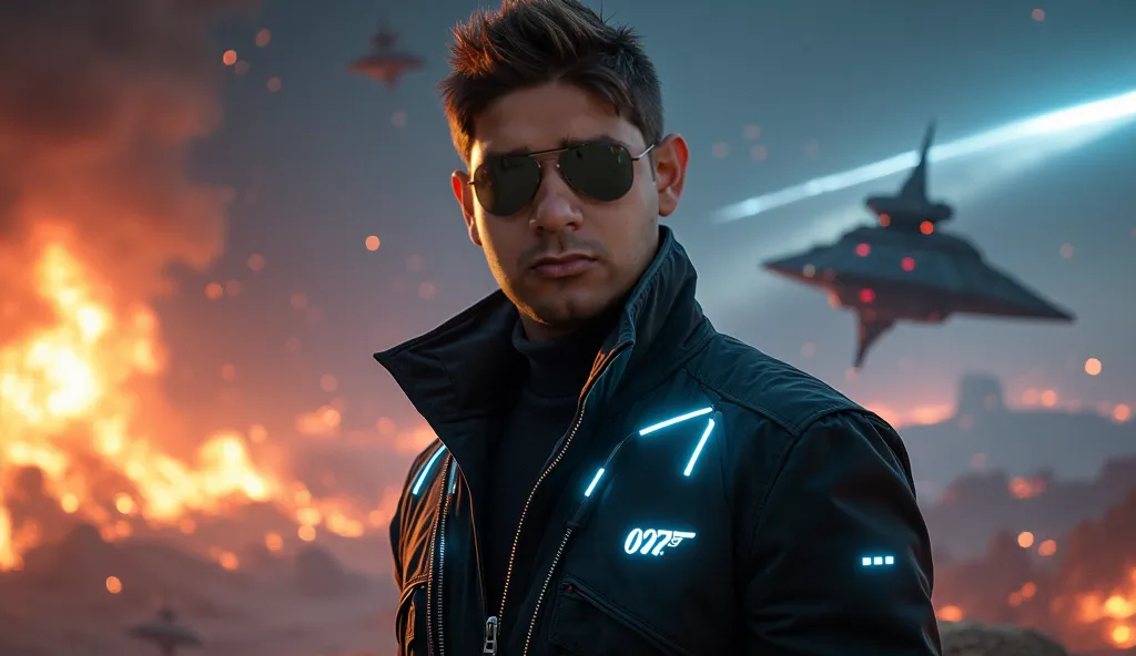 a man looking at viewer looking at camera, Hyper realistic fullbody a 30 yeard man in standing pose of james bond  wearing a bioluminescent jacket with glowing accents made from lab-grown diamonds wiht 007 james bond logo on jacket , and in the  background...