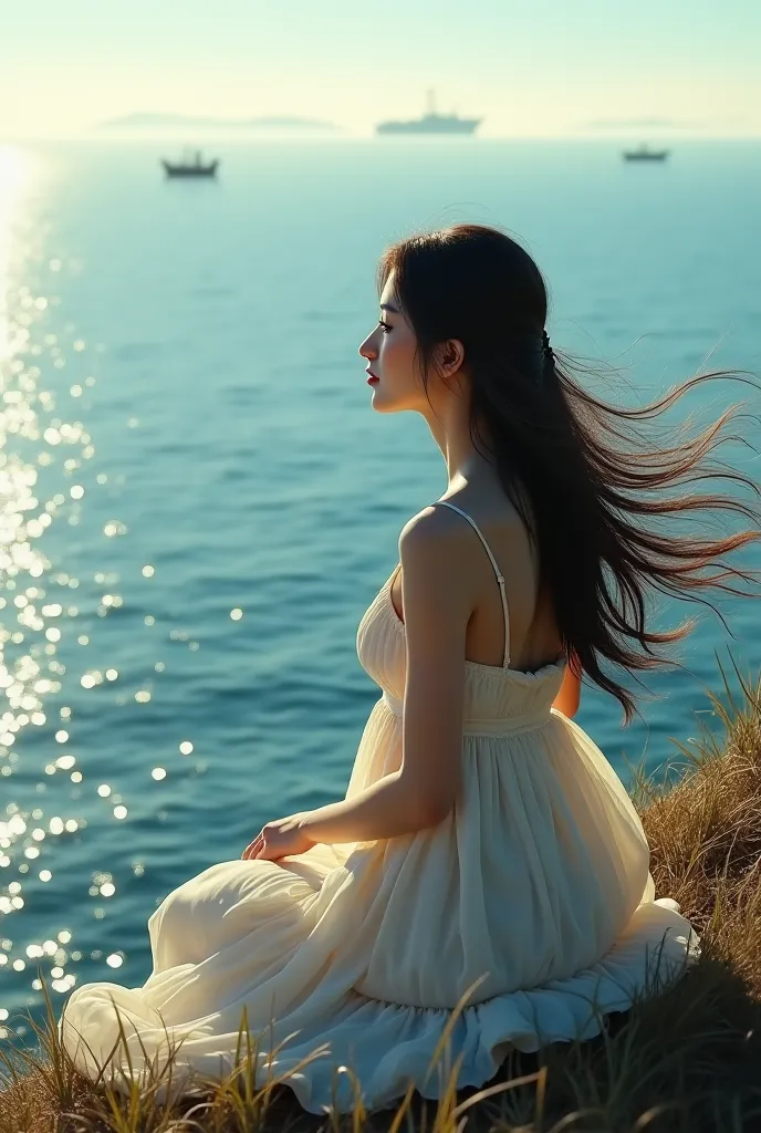 A beautiful woman sits on top and looks at the seaside，The wind blows，The hair flutters slightly，A little bit of sadness on her face。3D a little more realistic